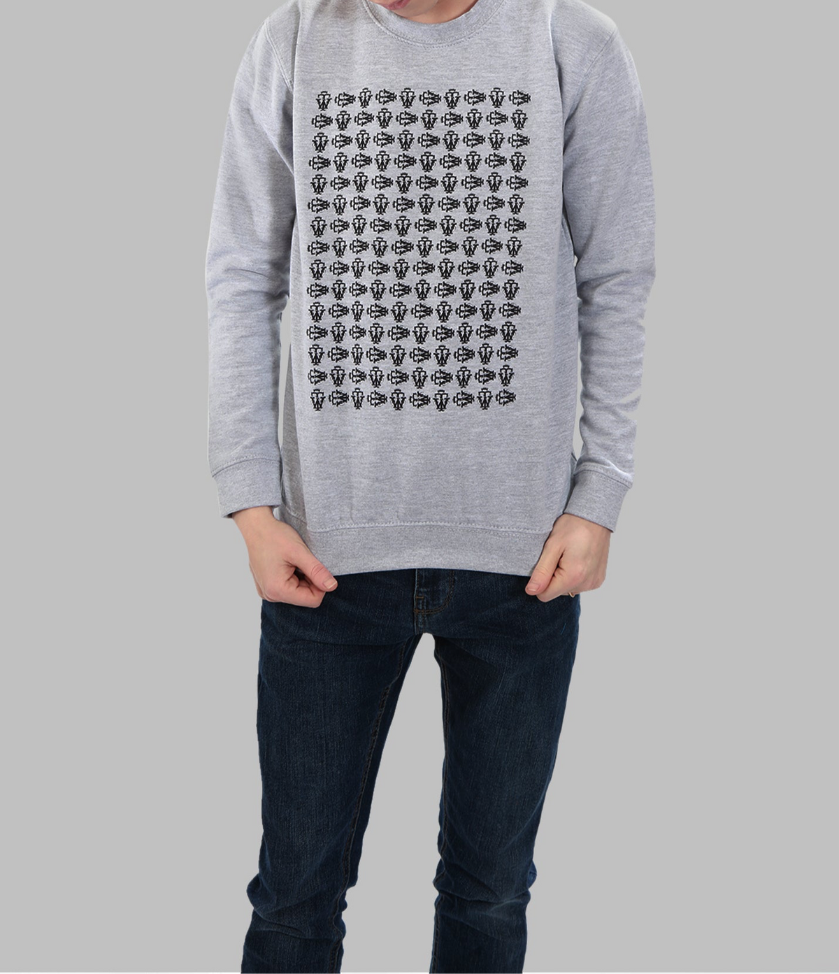 BOYS GREY SWEATSHIRT WHITE REPEAT PATTERN PRINT