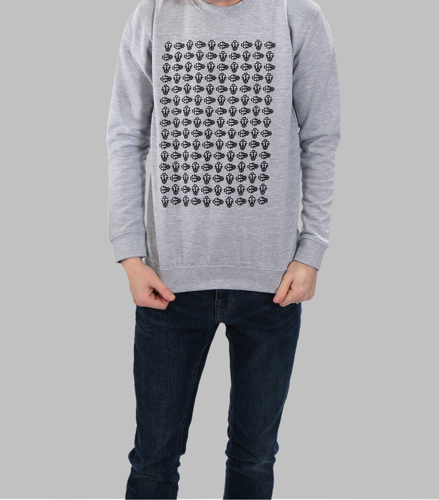 BOYS GREY SWEATSHIRT WHITE REPEAT PATTERN PRINT