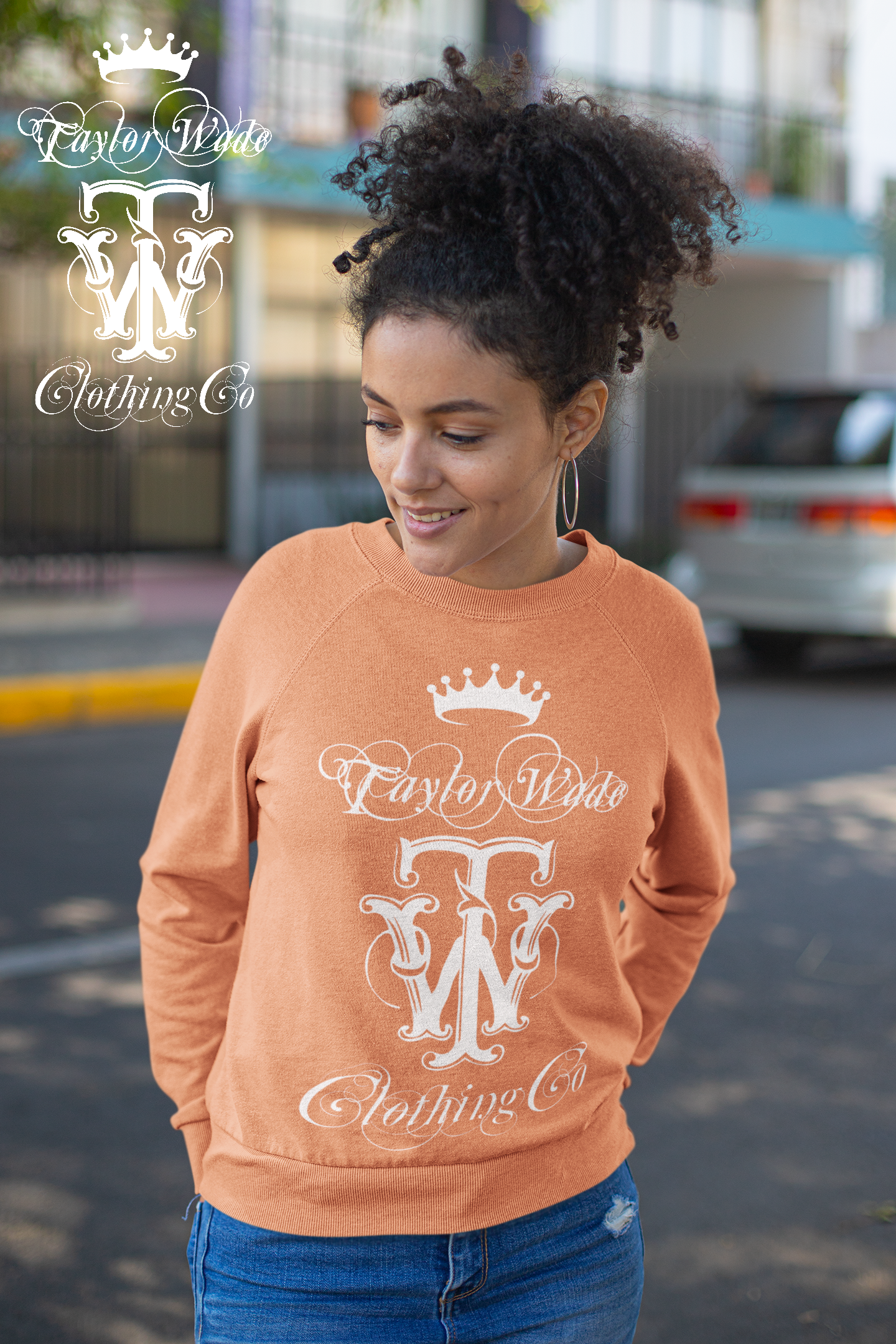 Women’s organic cotton pumpkin spice sweatshirt featuring a white print.