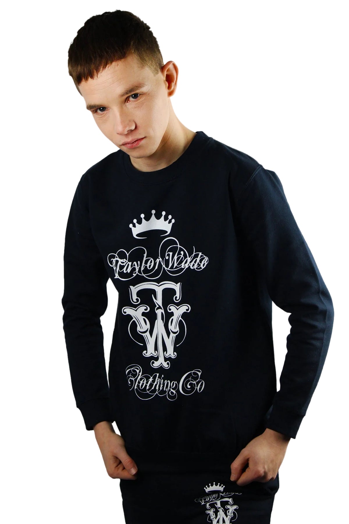Boys black casual sweatshirt featuring a white print