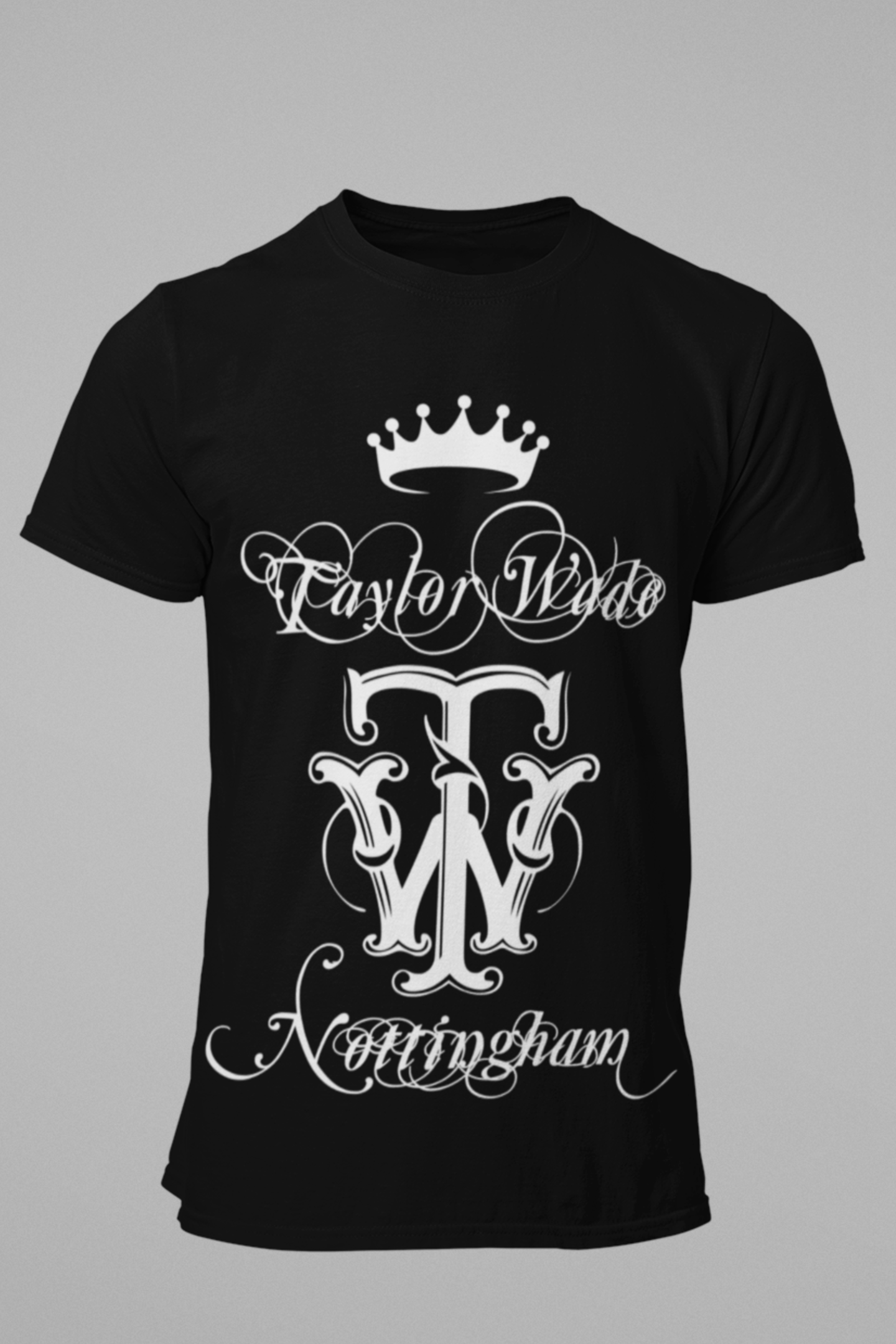 Men’s White T-Shirt Black Ornamental script