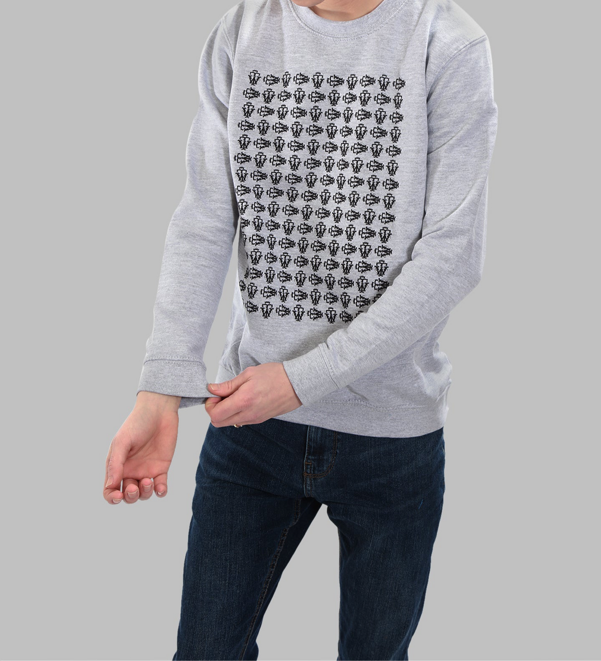 BOYS GREY SWEATSHIRT WHITE REPEAT PATTERN PRINT