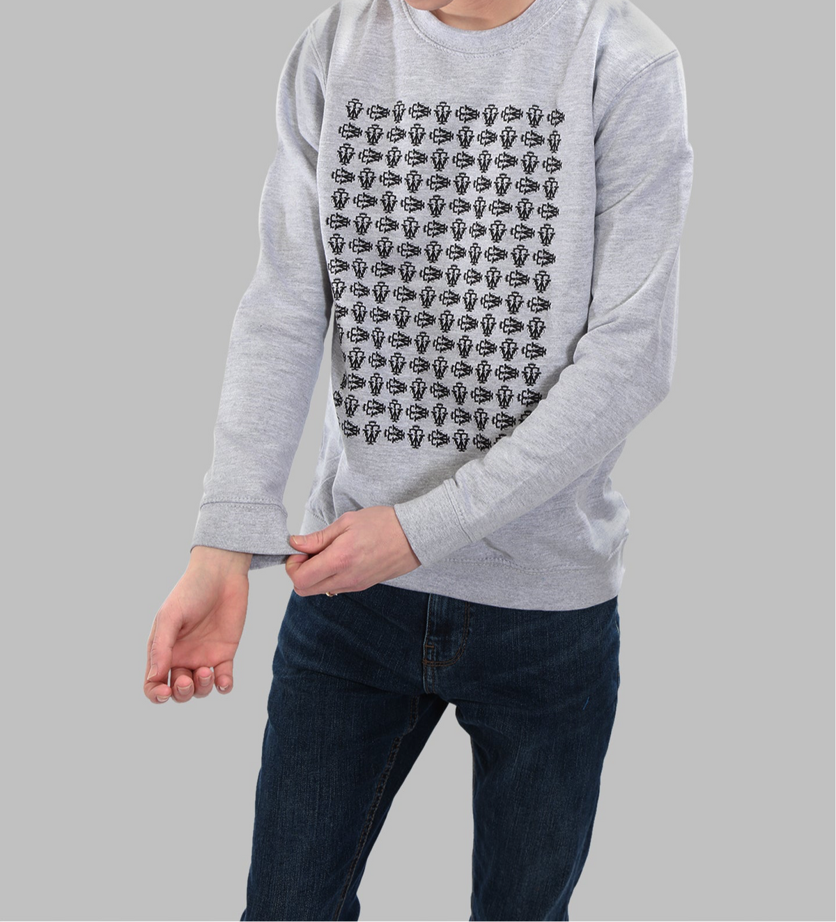 BOYS GREY SWEATSHIRT WHITE REPEAT PATTERN PRINT